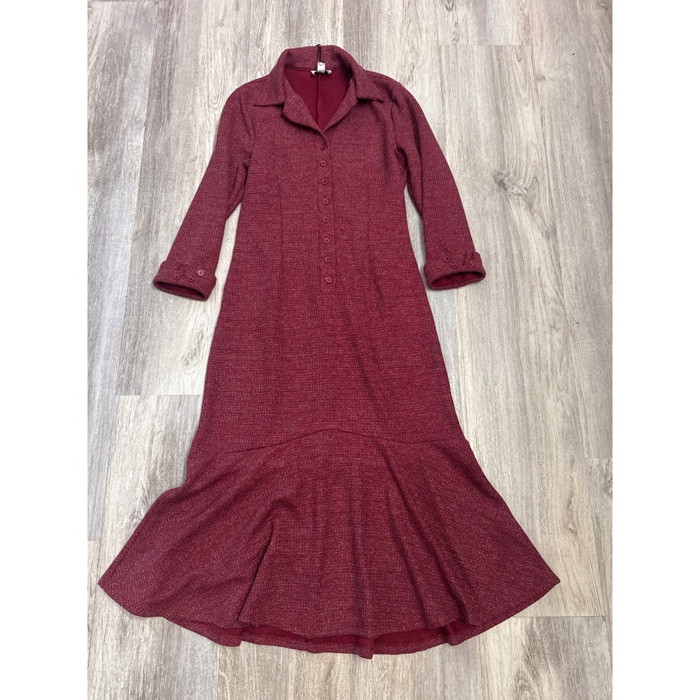 Unique Vintage Burgundy Red‎ Textured Knit Mermaid Midi Dress Womens Large